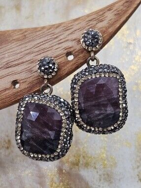 Gemstone 925 Gold Plated Crystal Pave Border Turkish Made Statement Earrings